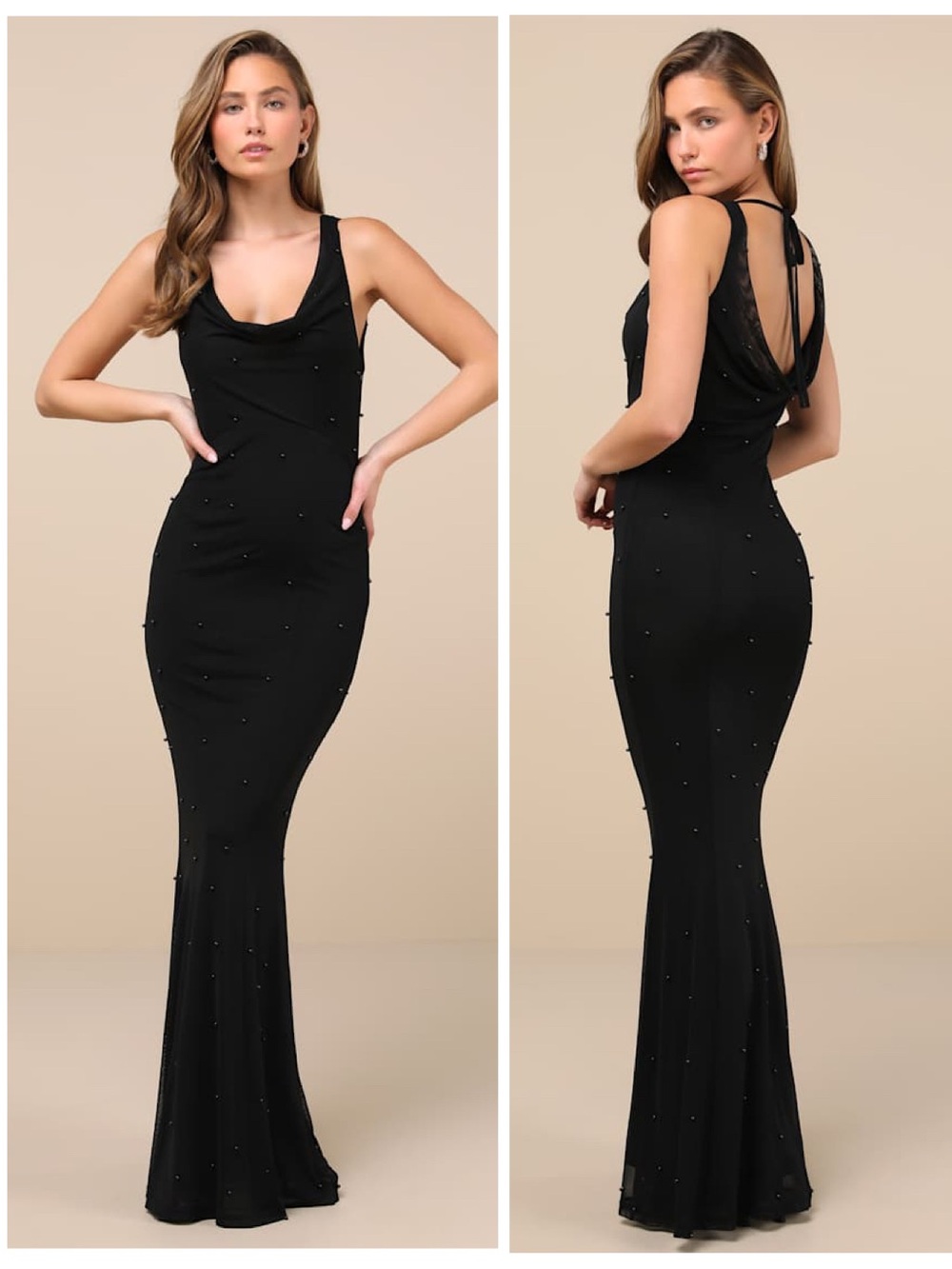 Lulu's Black Beaded Cowl-Back Maxi Dress